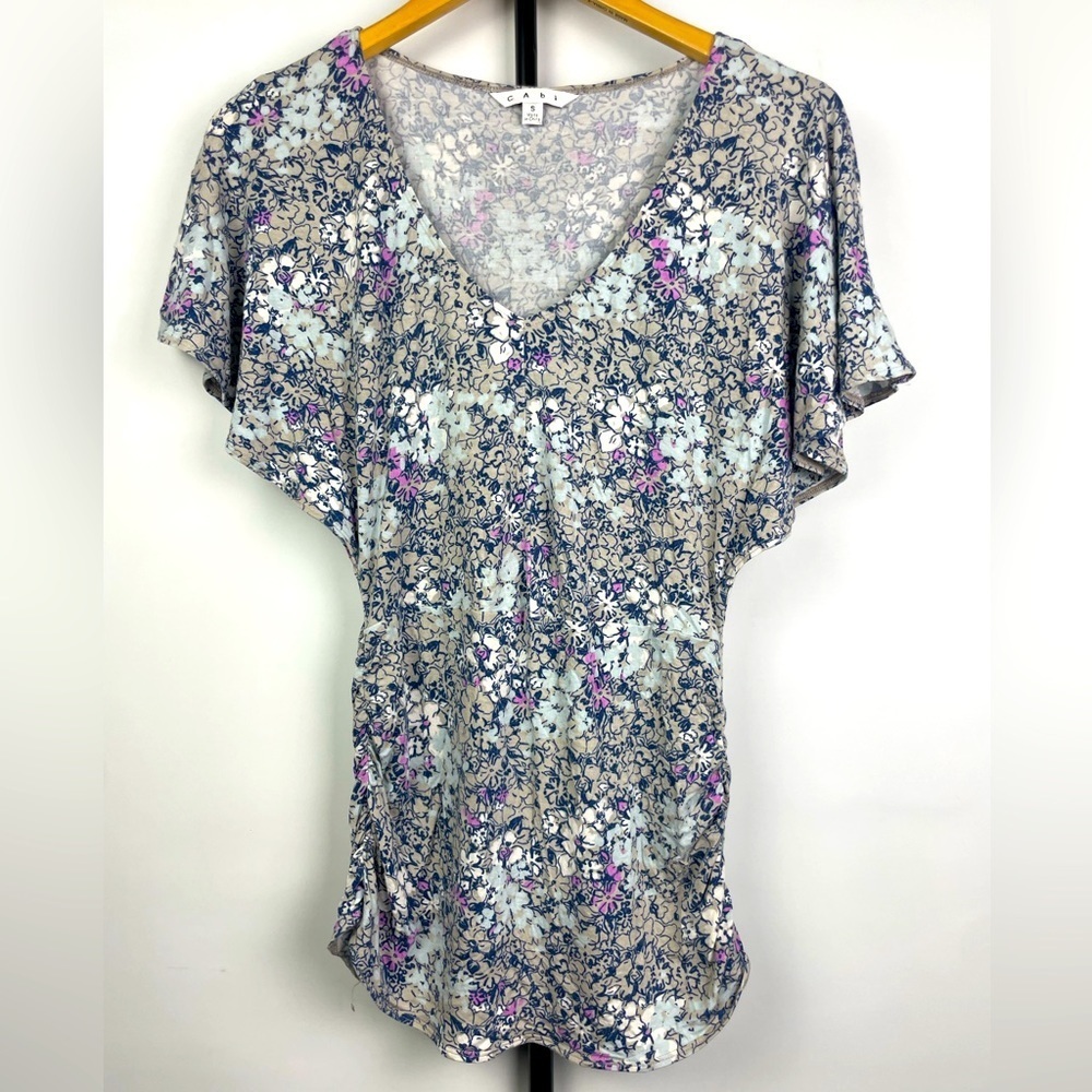Cabi Gray‎ Purple Flutter Short Sleeve Floral 301 Blouse - Picture 2 of 7
